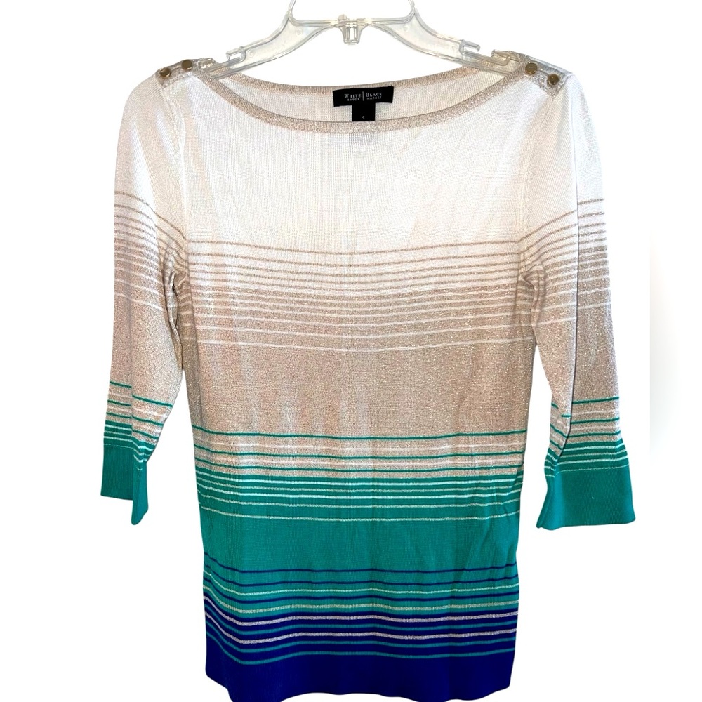 White House Black Market BeigeTurquoise  Color Block Stripe Sweater Woman’s S